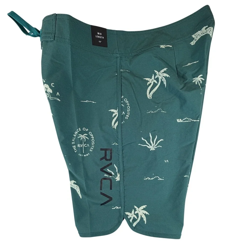 RVCA Mens Board Shorts Size 32 Teal Green Tropical Hula Palm Tree Swim Trunks